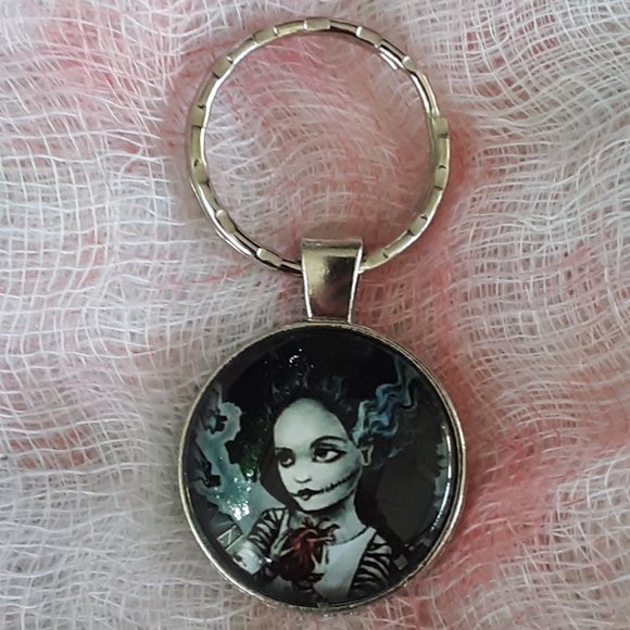Audi Lee Accessories - Bride of Frankenstein Cabochon Key Ring Handcrafted With Necklace Chain Goth